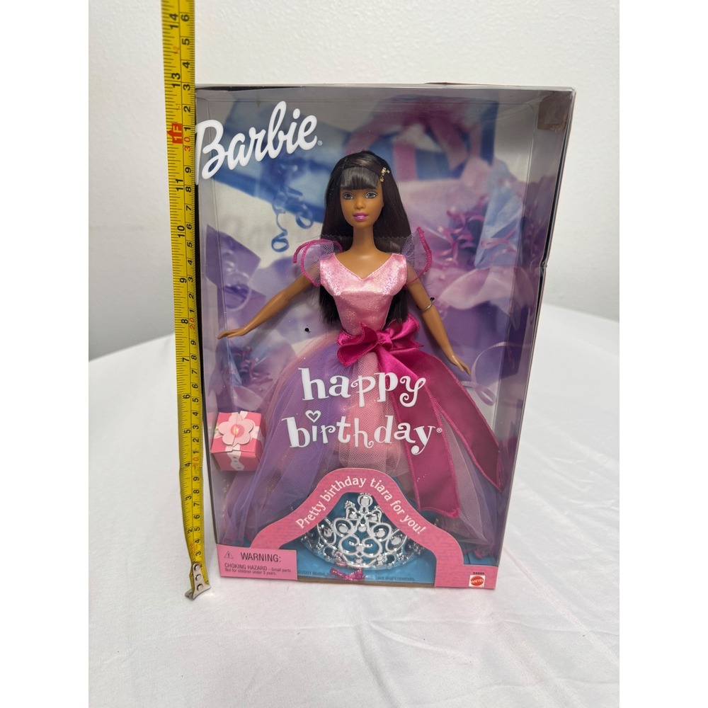 Mattel 2001 Happy Birthday Barbie Doll Brunette Pink Gown with Tiara 53644 NIB